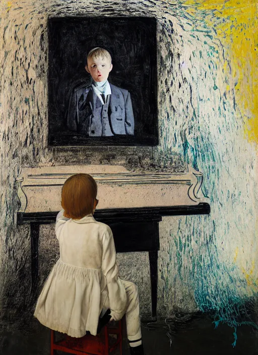 Prompt: portrait of a child piano player in suit waiting, vincent lefevre and beeple and hernan bas and pat steir and hilma af klint, psychological, photorealistic, background with strange perspective, symmetrical face, dripping paint, washy brush, rendered in octane, altermodern, grain, masterpiece