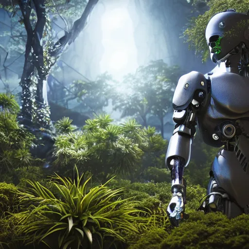 Prompt: a cyborg standing surrounded by plants, raytracing, ultrarealistic, wide frame, 3 d render, unreal engine, dynamic light, cinematic