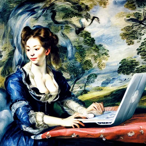 Image similar to heavenly summer sharp land sphere scallop well dressed lady working on her laptop auslese, by peter paul rubens and eugene delacroix and karol bak, hyperrealism, digital illustration, fauvist, looking at her imac laptop