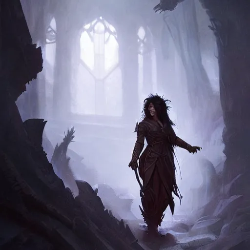 Prompt: Kate Bush as a dark elf in dnd world, epic scene, greg rutkowski