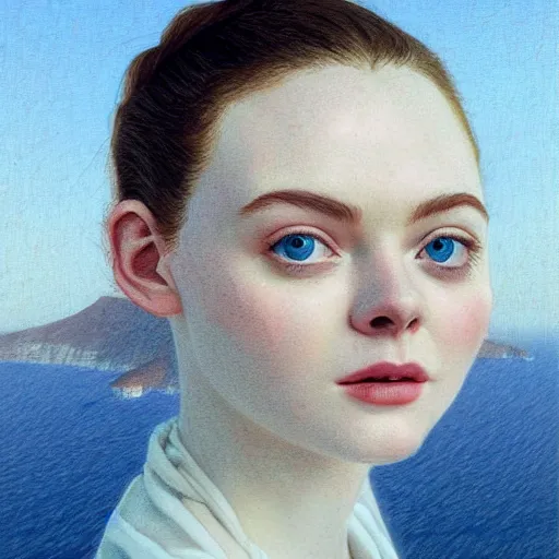 Image similar to Elle Fanning in Santorini, head and shoulders portrait, extremely detailed masterpiece, illustration, by Michael Sowa,