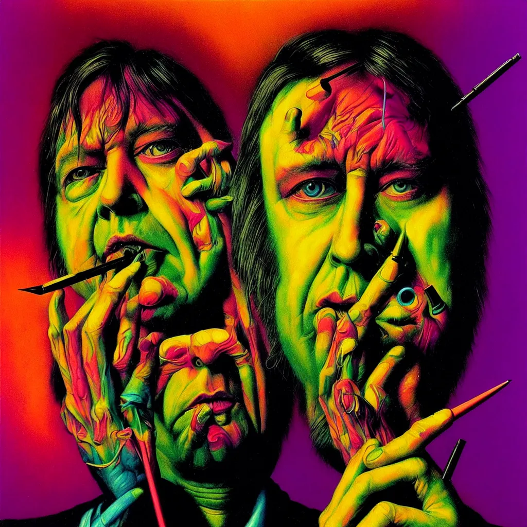 Image similar to psychedelic bright portrait of bill hicks smoking in the style of hans giger, alex grey, lynchian atmosphere, film noir, concept art, art by kuvshinov ilya and zdislav beksinski and wayne barlowe, vivid colors, yellow, purple, red, black, blue, green, orange, pink