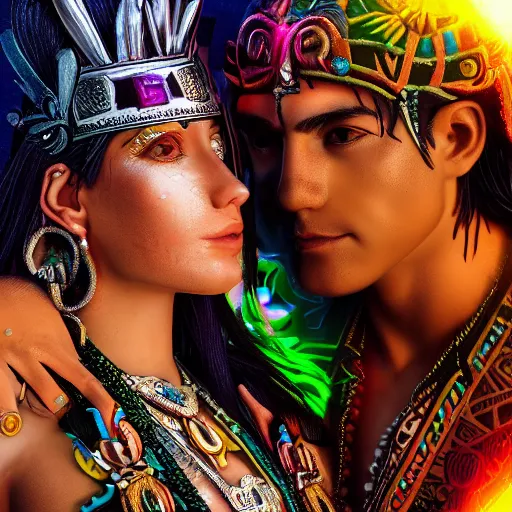 Image similar to the marriage between a aztec god and a modern goddess in the style of high urban fantasy Hyper detailed Hyper Photorealistic High Resolution HD 8k post-processing