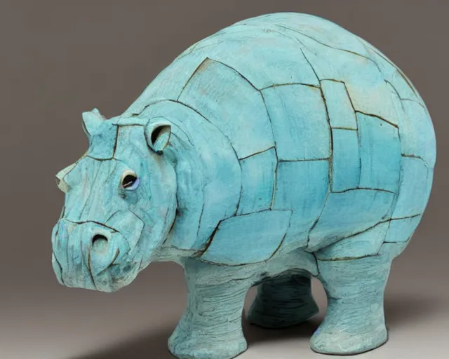 Prompt: a sculpture of hippo baby, half wood carved half blue translucid resin epoxy, cubic blocks, side view centered, mixmedia