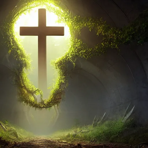 Prompt: a christian cross as the light at the end of the tunnel, with a few vines and overgrowth, concept art by Doug Chiang cinematic, realistic painting, high definition, digital art, symmetrical, very detailed, extremely high detail, photo realistic, concept art, unreal engine 5, bokeh, album cover