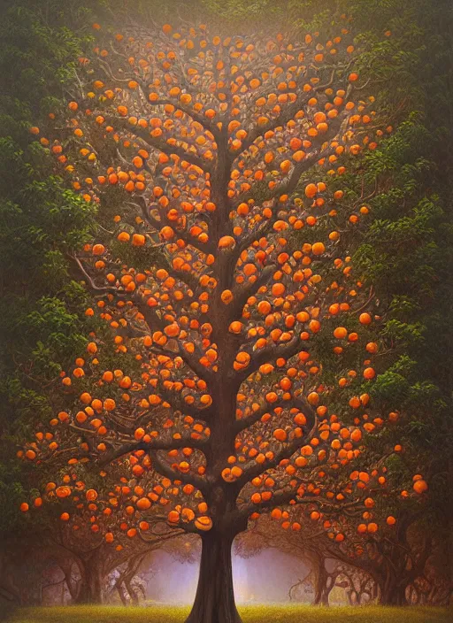 Prompt: ayahuma tree with orange fruits looking like an ent, art by christophe vacher