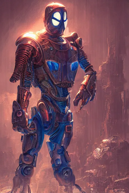 Image similar to hardmesh spiderman retro futurist steampunk fallout 7 6 power armor, hyper realistic, art cover, official fanart behance hd artstation by jesper ejsing, by rhads, makoto shinkai, final fantasy, unreal engine highly rendered, global illumination, radiant light, intricate environment radiating a glowing aura global illumination ray tracing hdr