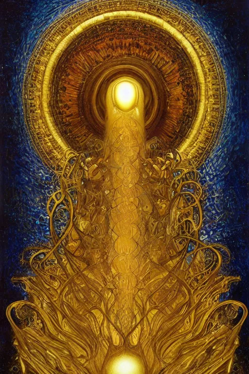 Image similar to The Heart of Gold by Karol Bak, Jean Deville, Gustav Klimt, and Vincent Van Gogh, otherworldly, fractal structures, arcane, prophecy, ornate gilded medieval icon, third eye, spirals