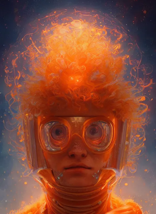 Image similar to a curly orange hair man wearing a cosmic armor on space, au naturel, hyper detailed, digital art, trending in artstation, cinematic lighting, studio quality, smooth render, unreal engine 5 rendered, octane rendered, art style by klimt and nixeu and ian sprigger and wlop and krenz cushart