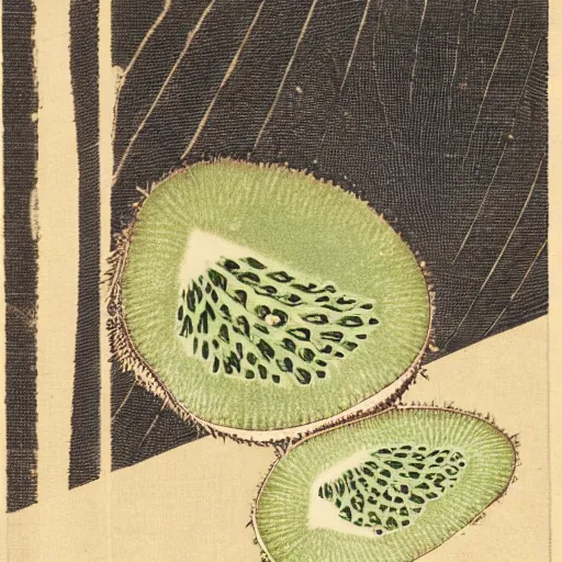 Prompt: japanese woodcut of a kiwi