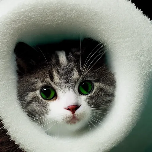 Image similar to cute cat peeking its head out an igloo, close up render