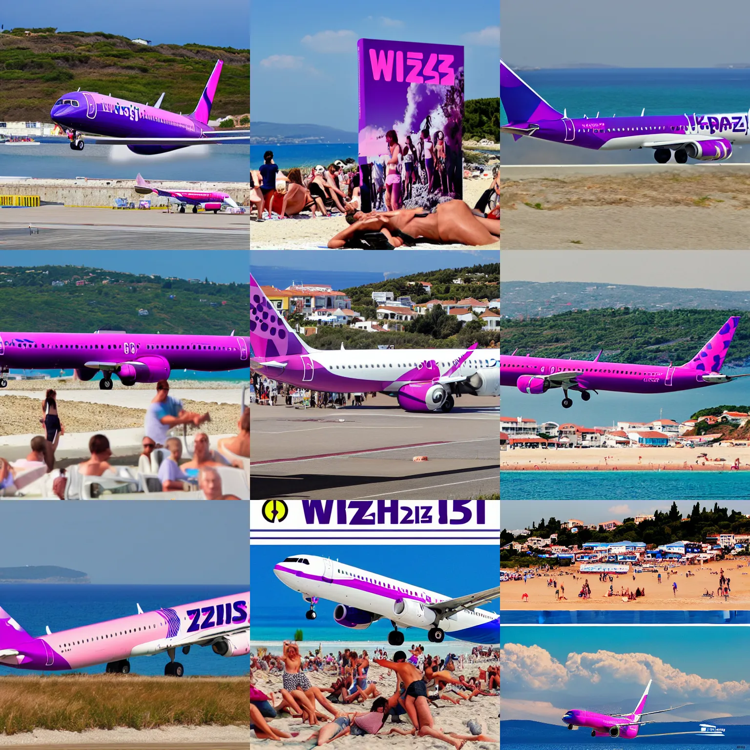 Prompt: wizzair airbus a 3 2 1 neo landing at skiathos airport, low over the heads of the people on the beach, in the style of a comix book cover