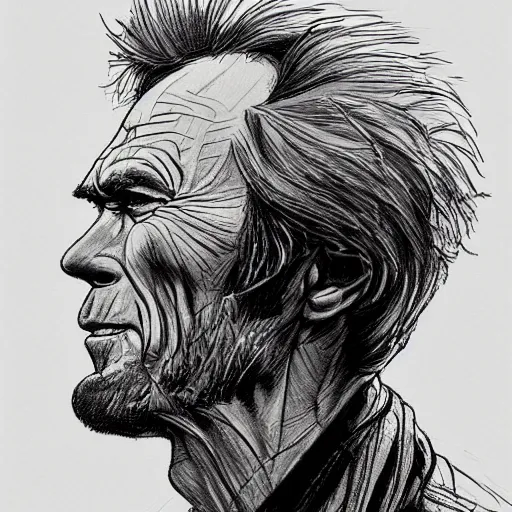 Image similar to a realistic yet scraggly portrait sketch of the side profile of a stern and sophisticated clint eastwood, trending on artstation, intricate details, in the style of frank auerbach, in the style of sergio aragones, in the style of martin ansin, in the style of david aja, in the style of mattias adolfsson