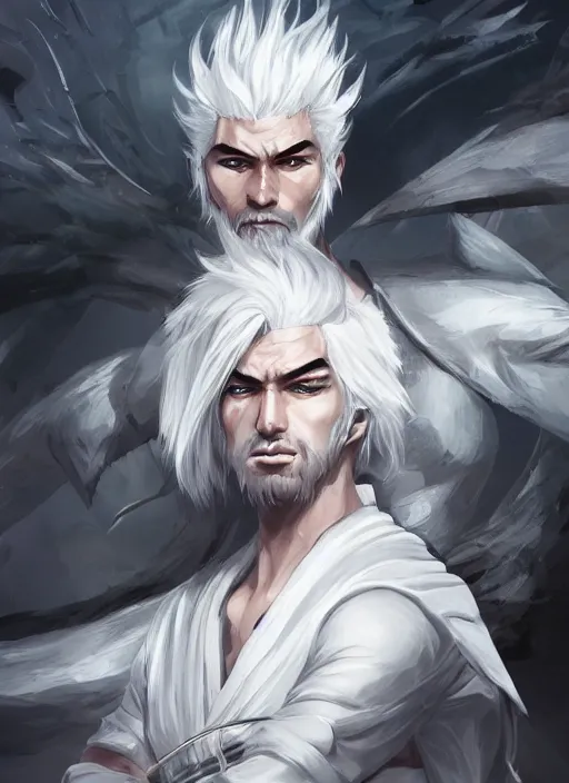 Image similar to a highly detailed illustration of fierce white haired parted through the middle asian man, wearing hakama, with black sclera eyes, heroically fighting stance posin,g intricate, elegant, highly detailed, centered, digital painting, artstation, concept art, smooth, sharp focus, league of legends concept art, WLOP