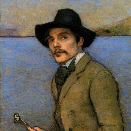 Image similar to male sherlock holmes mermaid in the style of jules bastien - lepage