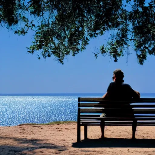 Prompt: a man sitting on a bench looking out at the ocean, a stock photo by Christen Dalsgaard, shutterstock contest winner, australian tonalism, photo taken with provia, photo taken with ektachrome, shallow depth of field