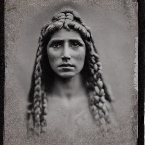 Image similar to Ancient Sumer, Sumerian woman, 2600 BC, tintype photograph, Sumerian town, Ancient photograph