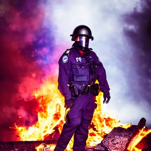 Image similar to portrait of a policeman head on fire , front, centered, riot background, at night ,editorial photography