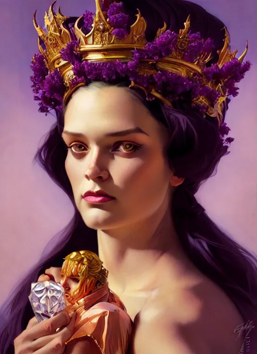 Prompt: leyendecker, brom, lovely tiger queen, portrait, long hair, crown, flowerpunk, crystal coated dark dark violet flowers, by greg rutkowski, anato finnstark, alphonse mucha, global illumination, radiant light