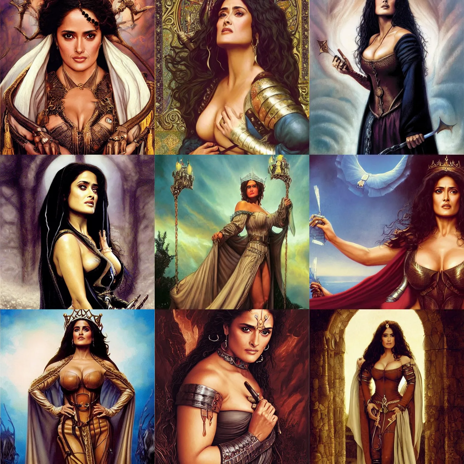 Prompt: Salma Hayek as a beautiful Medieval Queen by Gerald Brom +Mark Arian +Artgerm