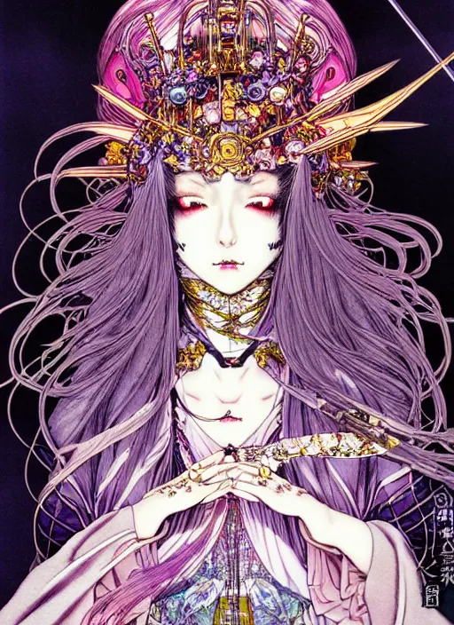 Image similar to highly detailed terada katsuya atrstation manga poster of princess mechine, face by aregerm, rainbow gradient reflection, ayami kojima, long hair, armor, dress, laces, ruffles, 8 k, maximalist, takato yamamoto