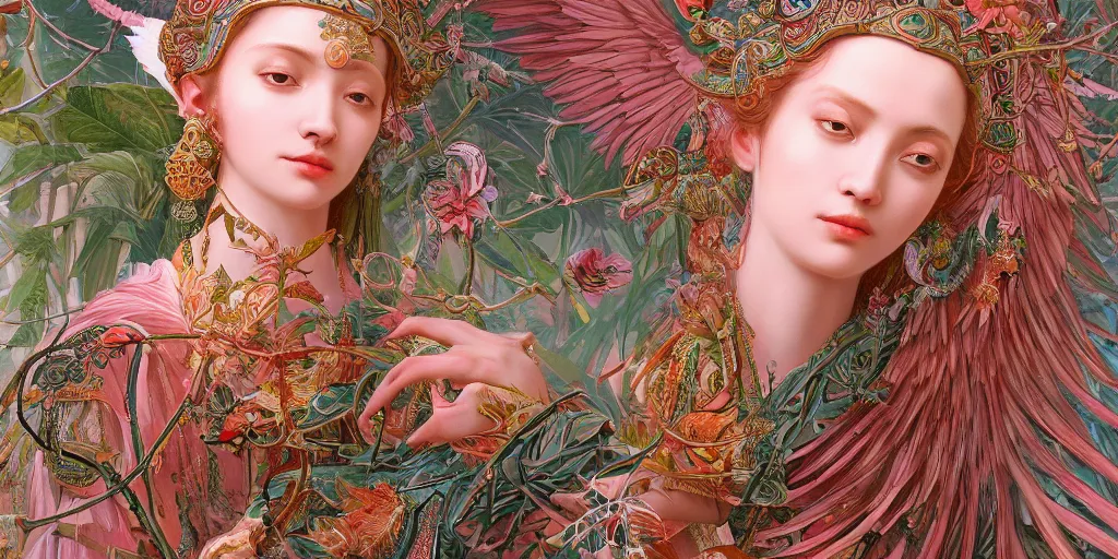 Image similar to breathtaking detailed concept art painting of the goddess of flamingo, orthodox saint, with anxious, piercing eyes, ornate background, amalgamation of leaves and flowers, by Hsiao-Ron Cheng and John James Audubon, extremely moody lighting, 8K