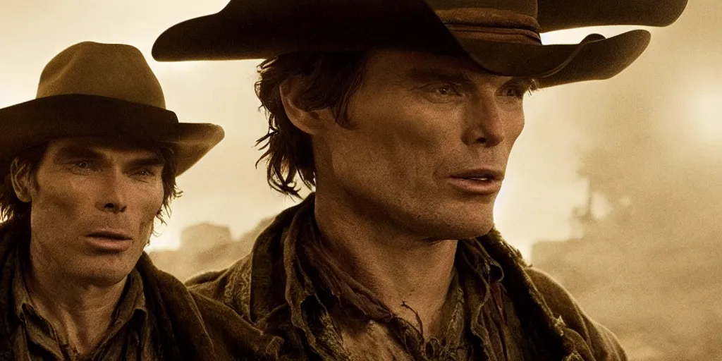 Image similar to portrait of rugged bandit cillian murphy in the old west, strangling a cowboy in volumetric lighting, cinematic, dark, grim. directed by coen brothers.