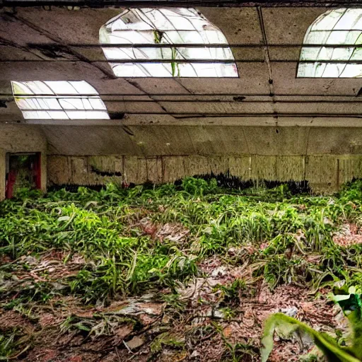 Image similar to abandoned, overgrown, underground bunker. giant mutated venus flytrap room.