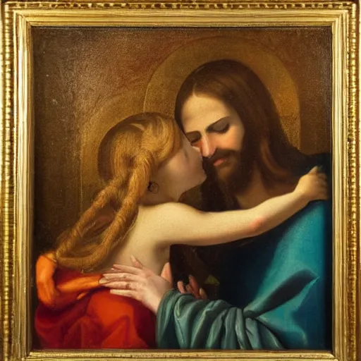 Image similar to an oil panting of a jesus kissing maria maddalena