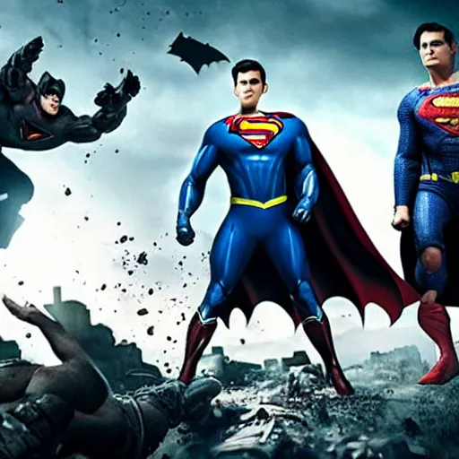 Image similar to a 4k movie still with Homelander (from The Boyz) killing Batman while far in the background Superman is crying