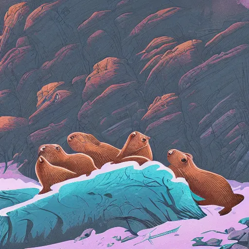 Image similar to painting by kilian eng of a group of marmots playing in a mountain stream, kilian eng