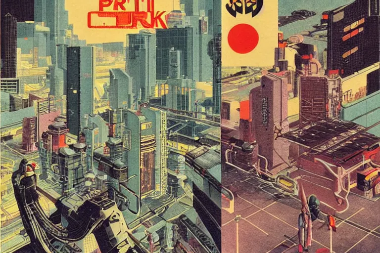 Image similar to 1 9 7 9 omni cover of a japanese park surrounded by a tall defense wall in the middle of neo - tokyo. art in cyberpunk style by dali, and vincent di fate