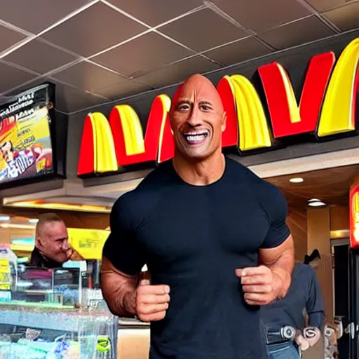 Prompt: photograph of dwayne the rock johnson at mcdonalds