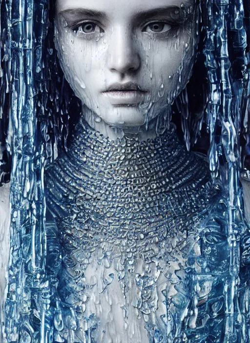 Image similar to sculpture made of water, portrait, female, future, shaman, harper's bazaar, vogue, magazine, insanely detailed and intricate, concept art, close up, wet, ornate, luxury, elite, elegant, trending on artstation, by ruan jia, by Kenneth Willardt, by ross tran, by WLOP, by Andrei Riabovitchev,