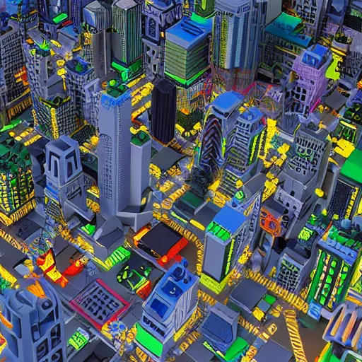 Prompt: cyberpunk city made of Lego, 3D render, by MC Escher, realistic, intricate details