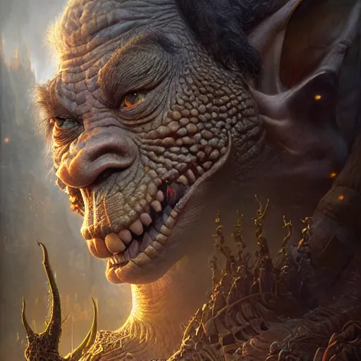 Image similar to a hyperrealistic illustration of a mix of an oger and giant and goblin, 8 k ultra realistic creature, detailed intricate, with fractal sunlight, award - winning, masterpiece, in the style of tom bagshaw, cedric peyravernay, peter mohrbacher