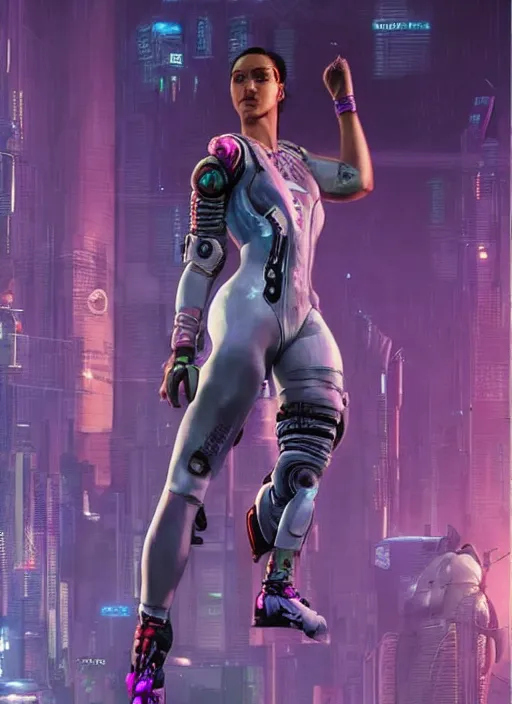 Image similar to maria. apex legends cyberpunk gymnast. concept art by james gurney and mœbius. gorgeous face, cinematic, dramatic lighting ( cyberpunk 2 0 7 7 ), clean aesthetic