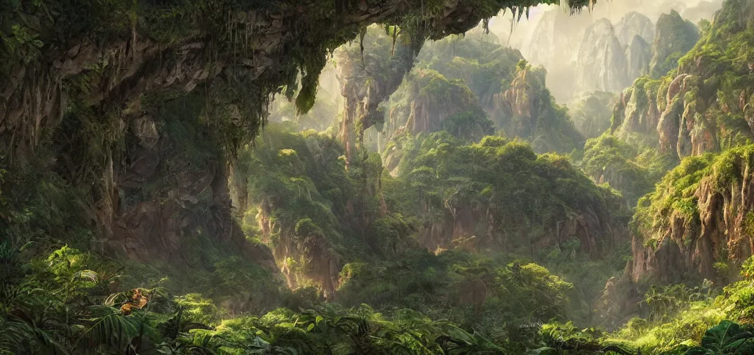 Image similar to the lost valley, rock arcs, lush vegetation, exotic forrest and plants, landscape, alex ross, eddie mendoza, raphael lacoste, sebastian ludke, concept art, matte painting, highly detailed, rule of thirds, dynamic lighting, cinematic, detailed, magnificiant landscape, denoised, centerd