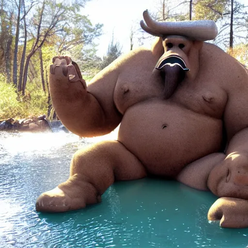 Image similar to big sir is a bigfoot / elephant hybrid monster lounging in an idyllic hot spring