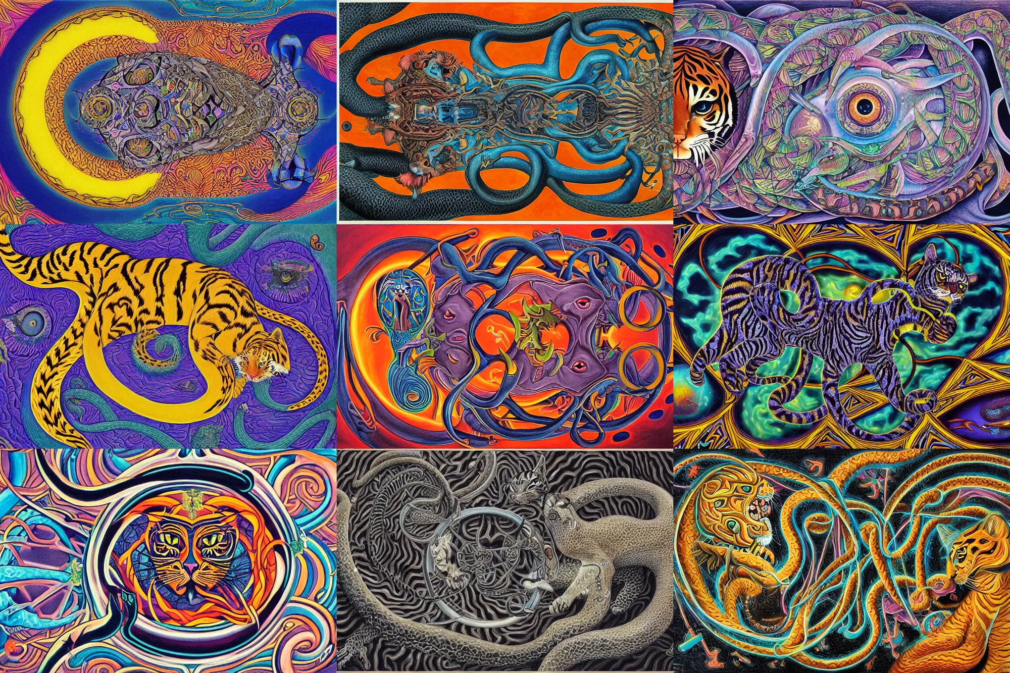 Prompt: a detailed painting of a magick cat occult effigy tiger that is a crescent shaped cat atomic latent snakes in between autobiological cybernetic resurgence of snake phonkadelic inspirations in the style of escher, alex grey, kubrick inspired by surrealism, symbolism, and dark fantasy, clear, crisp,