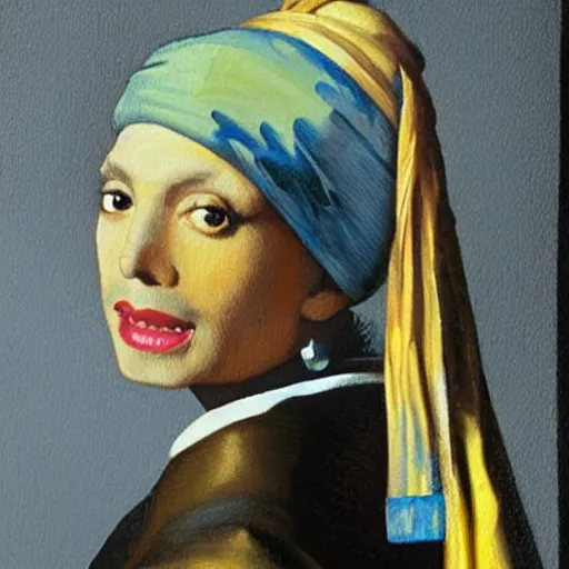 Image similar to An oil painting of Michael Jackson with a pearl earring, by Johannes Vermeer, 8k