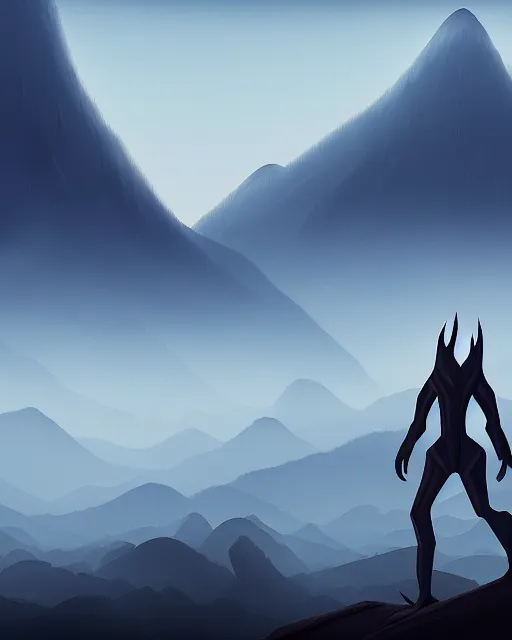 Image similar to concept art for a tall smooth, sleek kaiju creature, walking through a mountain range, fog, mountains in the distance | | epic - fine - clean, polished, trending on artstation, anime style, brush strokes