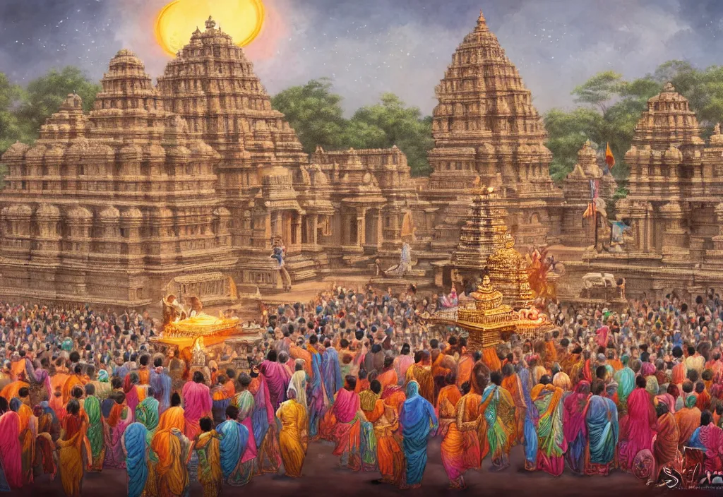 Prompt: huge crowd gathers for diwali celebrations outside an ancient temple in hampi, karnataka, misty day, ornate, intricate, elegant, highly detailed, digital painting, artstation, concept art, smooth, sharp focus, illustration, art by artgerm