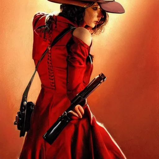 Image similar to a woman in a red wild west dress holding a shotgun, realistic painting by drew struzan, anatomically correct, beautiful, soft lighting, artstation