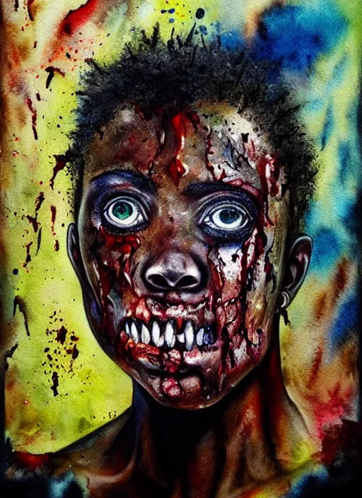 Image similar to african american zombie hollywood artwork professional acting headshot, hyperrealism, intricate detail, studio lighting, charming expression gesicht, hauntingly beautiful zombie, watercolor art, epic, legendary, drawn and painted, colored layers, dulled contrast, exquisite fine art, splatterpaint