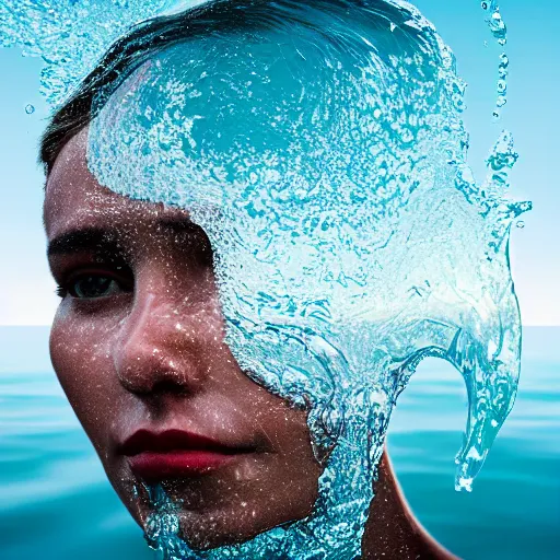 Prompt: water artwork manipulation in the shape of a human head, on the ocean water, ray tracing, realistic water sharp focus, long shot, 8 k resolution, cinematic, surreal water art