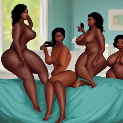 Image similar to photorealistic, stunning, coherent, beautiful painting, still of a group of black bbw models creating content taking a pictures of each other while posing in the same bed , they are all laying down, one of them is on the phone with her boyfriend , 3d, in the style of pixar, smooth, 3d, highly detailed, highly detailed, sharp focus, bokeh, depth of field, 16k resolution, Unreal Engine 5, coherent, cinematic lighting, photorealistic