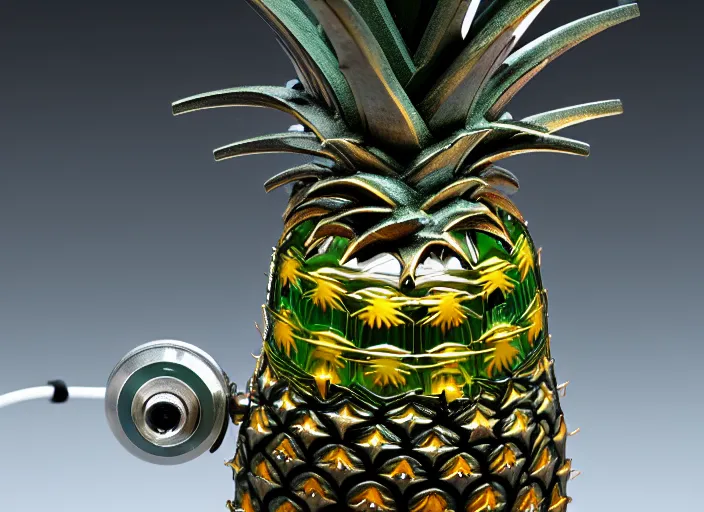 Prompt: photo of an intricate mechanical glass pineapple with gearbox and electronics and cybernetics inside, growing off a tree branch. very detailed, 8k, fantasy cyberpunk horror