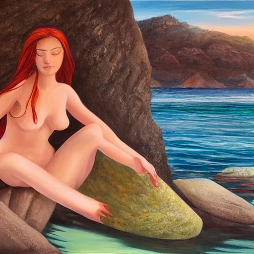 Image similar to a beautiful painting of a mermaid sits on a rock and stares at the island, sunset lighting, rim light, hyper realistic, 1 0 5 mm, amazing