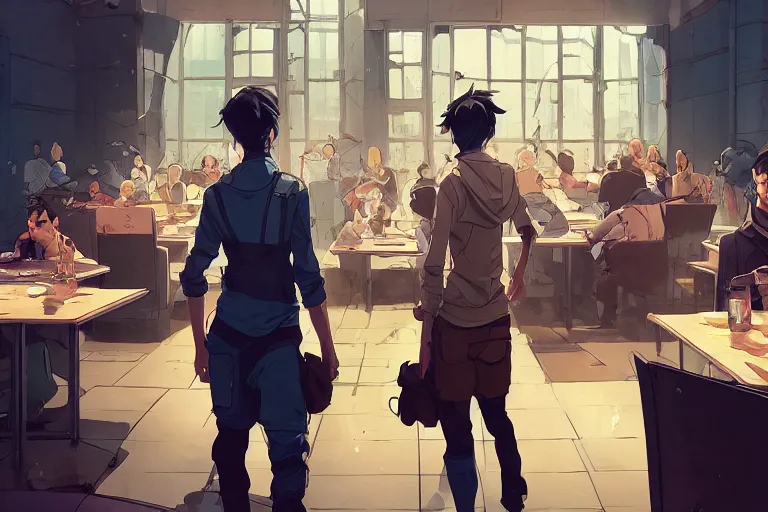 Image similar to a worried person in a crowded busy dystopian cafeteria interior behance hd artstation by jesper ejsing, by rhads, makoto shinkai and lois van baarle, ilya kuvshinov, ossdraws, that looks like it is from borderlands and by feng zhu and loish and laurie greasley, victo ngai, andreas rocha